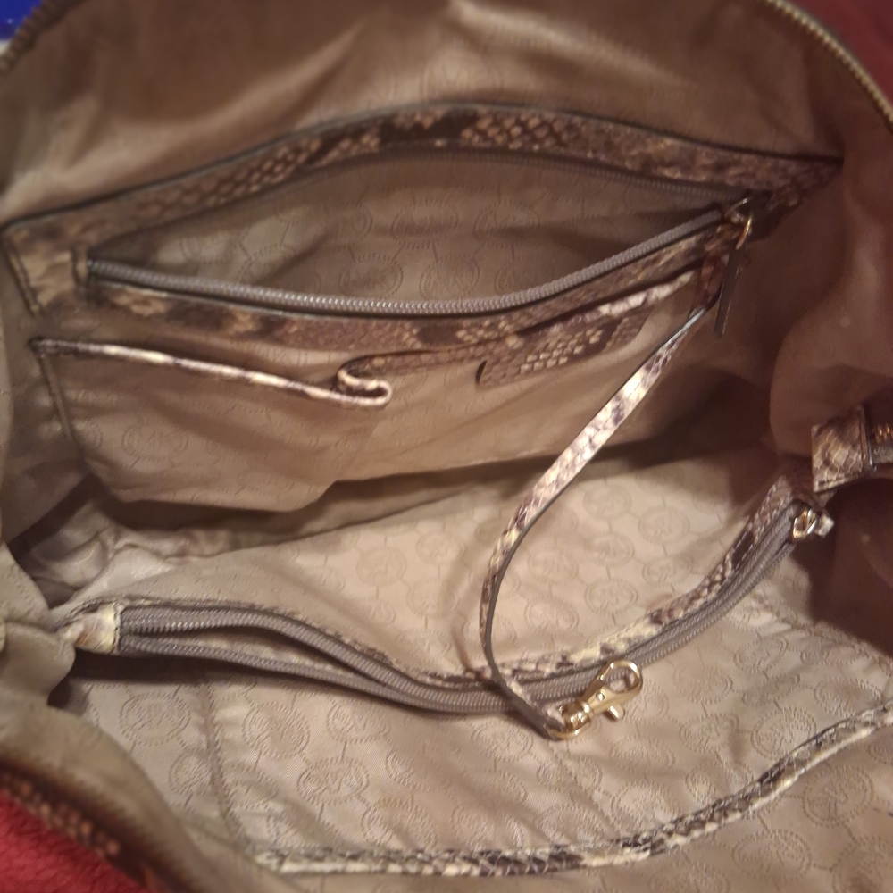 Michael Kors Brown and Tan Snake-Print Satchel with Gold Hardware - Picture 7 of 14